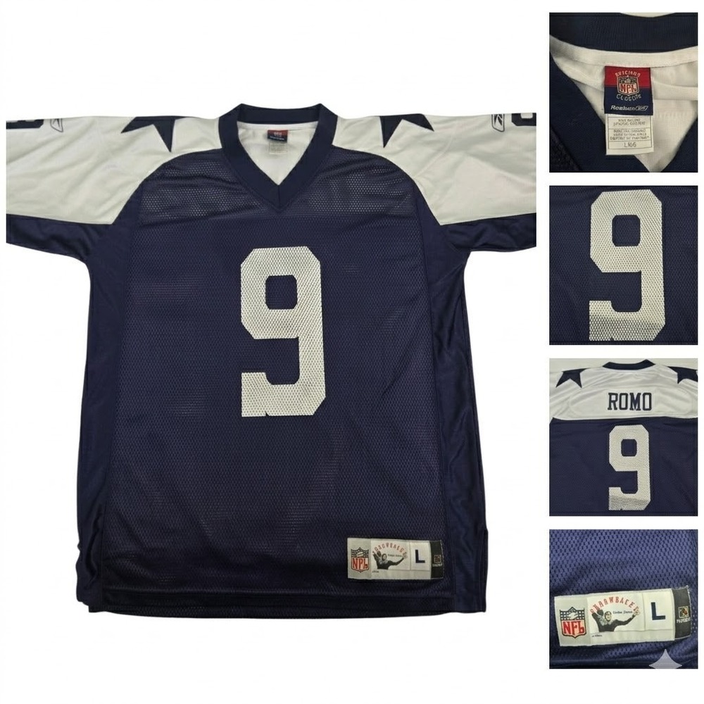 Vintage Reebok Dallas Cowboys Tony Romo 9 Throwback Jersey Blue Mens Large Y2K